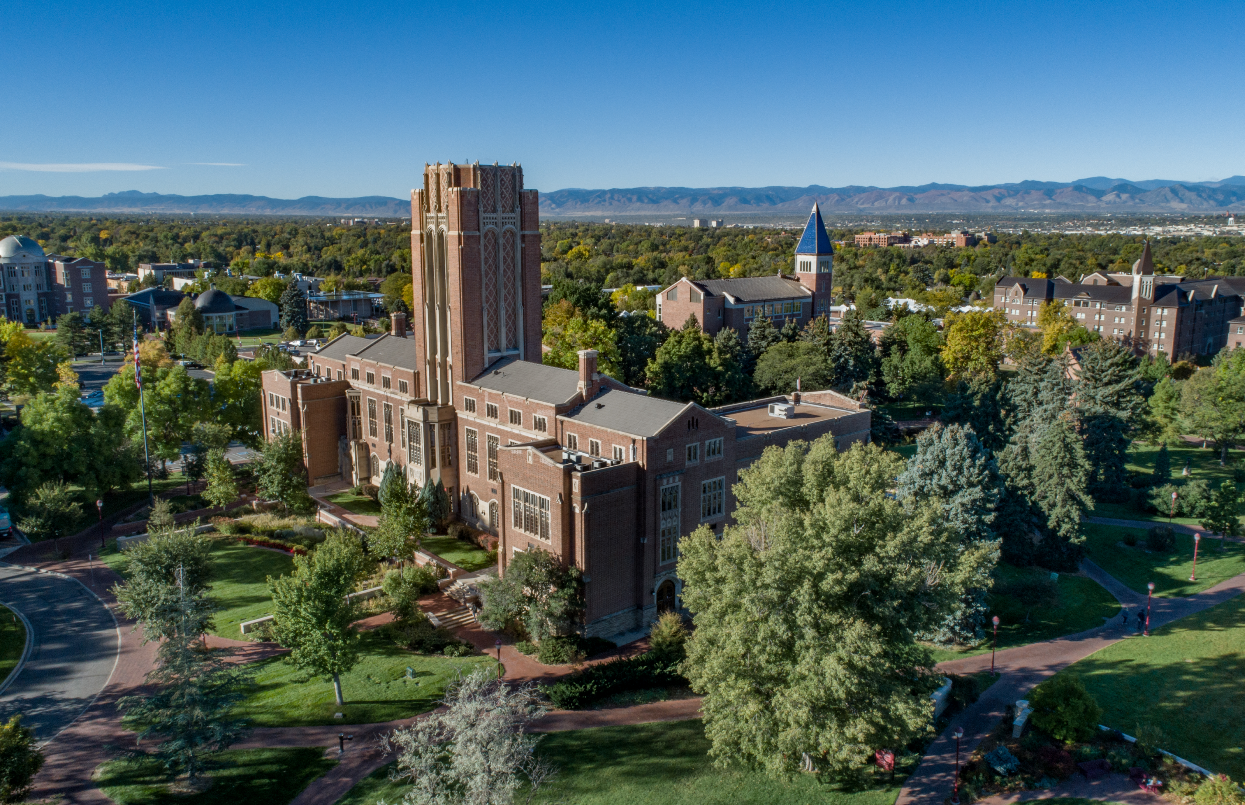Aerial photo of Mary Reed building on a sunny day.